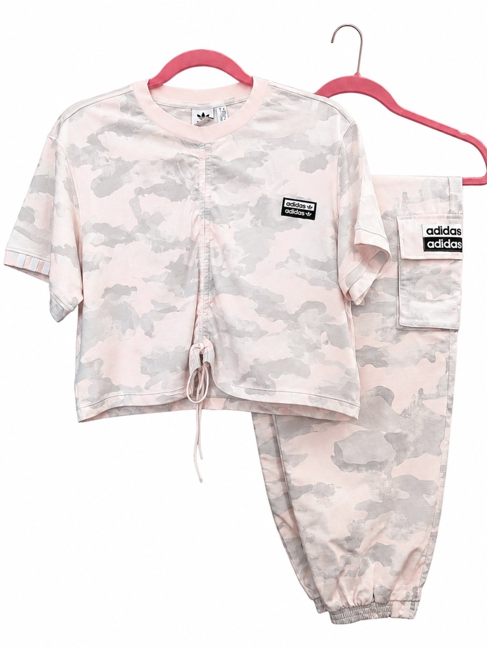 adidas Pale Pink & Light Gray Camo Cropped Top and Cargo Joggers Set